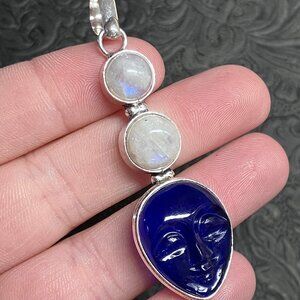 Rainbow Moonstone and Goddess Face Gemstone Pendant